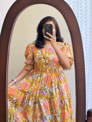 KUnzkes Women Printed Anarkali Kurta(Yellow)