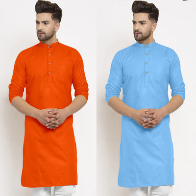 JENZEE Fashion Men Printed Straight Kurta(Light Blue, Orange)