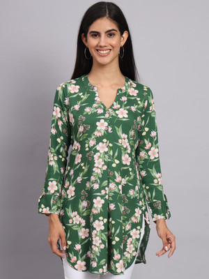Tissu Women Floral Print Straight Kurta(Green)