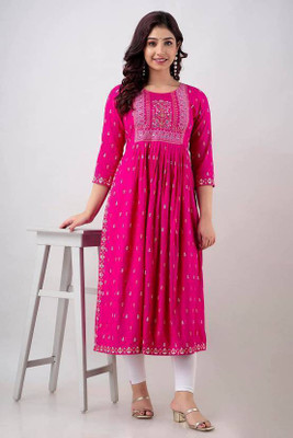 ASHRU Women Printed Anarkali Kurta(Pink, Purple)