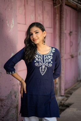 VASANT APPAREL Women Embroidered Straight Kurta(Dark Blue)