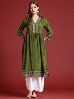 ANOUK Women Self Design A-line Kurta(Green)