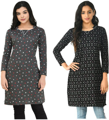 Indeweaves Women Floral Print A-line Kurta(Brown, Grey)