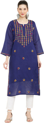 FAWOMENT Women Embroidered Straight Kurta(Blue)