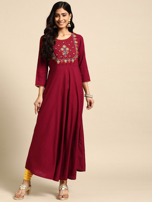 ANOUK Women Embroidered A-line Kurta(Maroon)