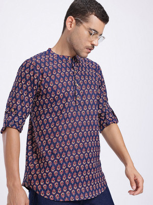 Anouk Rustic Men Floral Print Straight Kurta(Blue)