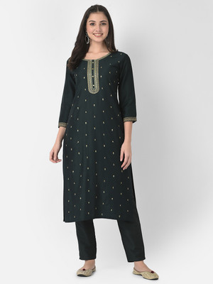 Span Women Self Design Straight Kurta(Black)