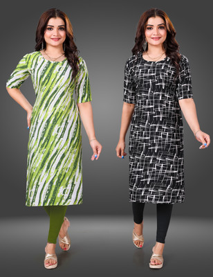 MOBHISA Women Printed Straight Kurta(Black)