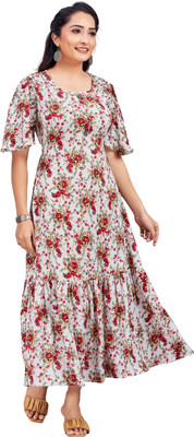 Gulkee Women Floral Print Anarkali Kurta(Red)