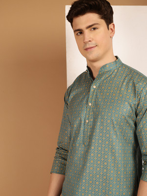 SOJANYA Men Floral Print Straight Kurta(Blue)