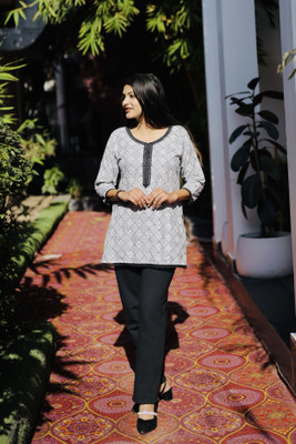 REHMAT TEXTILE Women Printed A-line Kurta(Grey, Black)