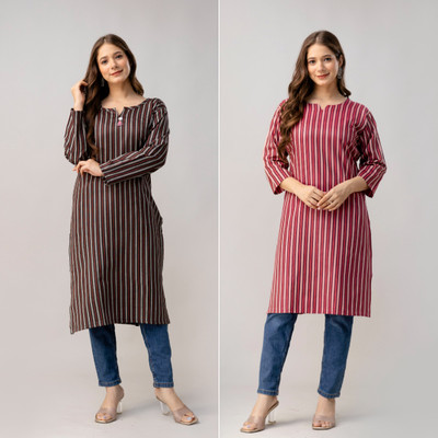 SarojAttire Women Striped A-line Kurta(Brown, Black, Red, Pink)