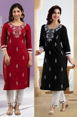 SISTO Women Chikan Embroidery Straight Kurta(Multicolor)
