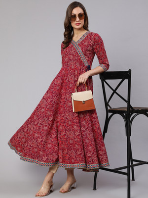 Women Click Women Printed Flared Kurta(Maroon)