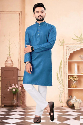 VALAKI Men Self Design Straight Kurta(Blue)