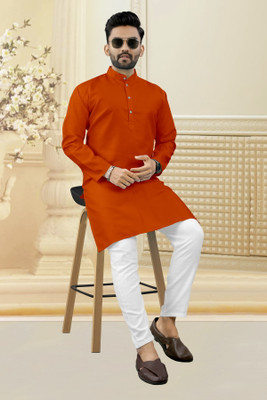 Shree Dutt Creation Men Solid Straight Kurta(Orange)