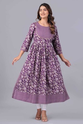 KHOWAL Women Printed Flared Kurta(Purple)