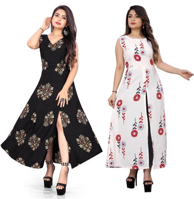 tanvi creation Women Printed Frontslit Kurta(Black)