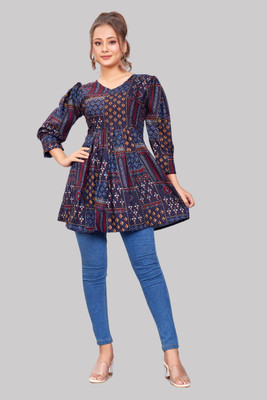 ShreeRaj Enterprise Women Printed A-line Kurta(Dark Blue)