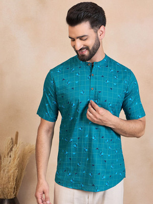 ANOUK Men Geometric Print Straight Kurta(Blue)