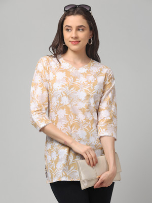 Atiyah Women Printed Straight Kurta(Beige, White)