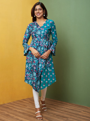 Globus Women Floral Print A-line Kurta(Green)