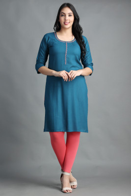 Oddlily Women Solid A-line Kurta(Blue)