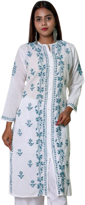 INDICRAFT Women Chikan Embroidery Frontslit Kurta(Light Blue)