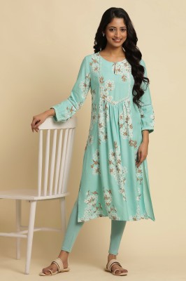 W Women Floral Print A-line Kurta(Light Blue, White, Brown)