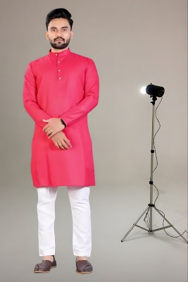 FASHIONPARROT Men Solid Straight Kurta(Pink)