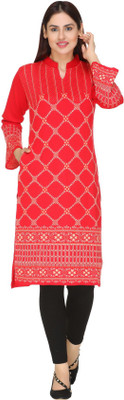 WOOL4U Women Woven Design Straight Kurta(Maroon)