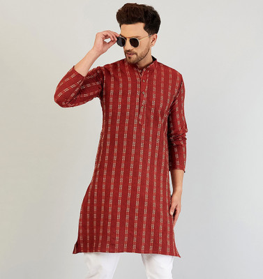 AEW DESIGNS Men Striped Straight Kurta(Red)