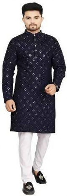 Nellist Men Embroidered A-line Kurta(Dark Blue)