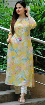 kc fashion Women Floral Print Straight Kurta(Yellow)