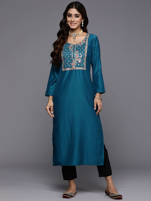 ANOUK Women Self Design Straight Kurta(Blue)