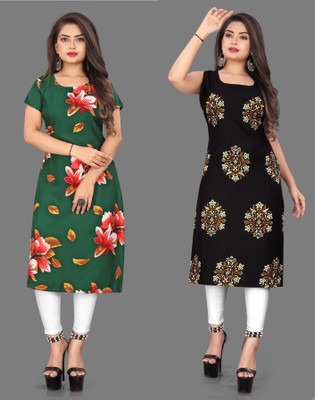 Hiral Creation Women Floral Print Straight Kurta(Green, Black)