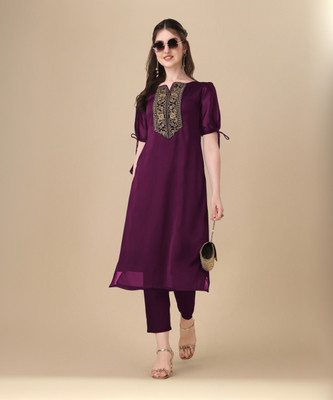 yeoja creation Women Embroidered Straight Kurta(Purple)