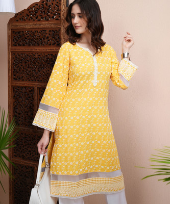 Vishudh Women Embroidered A-line Kurta(Yellow)