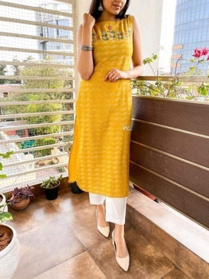 TREND MAYUR Women Printed Straight Kurta(Yellow)