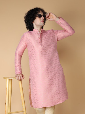 Namaskar Men Printed Straight Kurta(Pink)