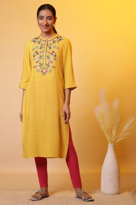 Aurelia Women Solid Straight Kurta(Yellow)