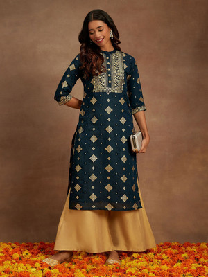 LIBAS Women Woven Design Straight Kurta(Blue)