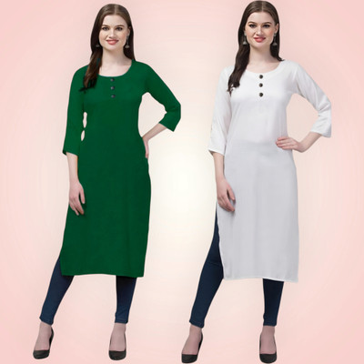 Coft Women Solid Straight Kurta(Green, White)
