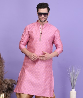 Larwa Men Woven Design Straight Kurta(Pink)