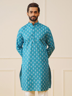 Jompers Men Printed Straight Kurta(Light Blue)