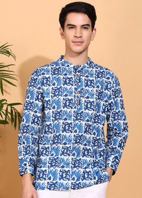 Yash Gallery Men Printed Straight Kurta(Blue)