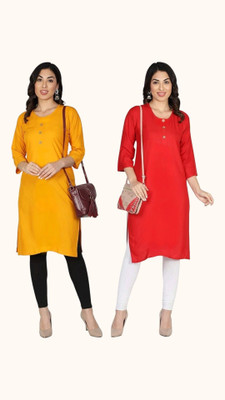 Adgoodstrader fashion Women Printed Straight Kurta(Yellow, Red)
