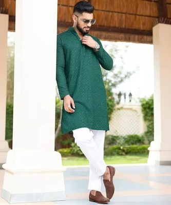 SHWENILA Men Embroidered Straight Kurta(Dark Green)