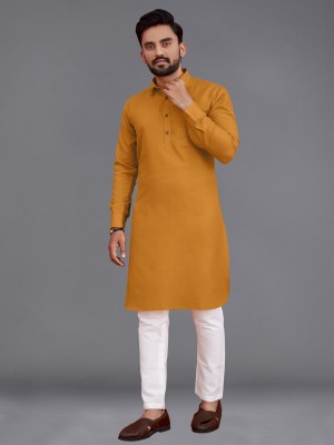 Divastri Men Solid Pathani Kurta(Yellow)