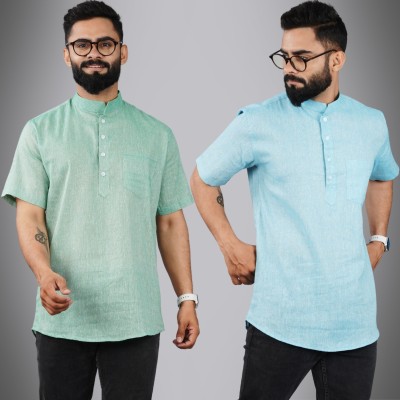 QuaClo Men Solid Straight Kurta(Light Blue, Light Green)